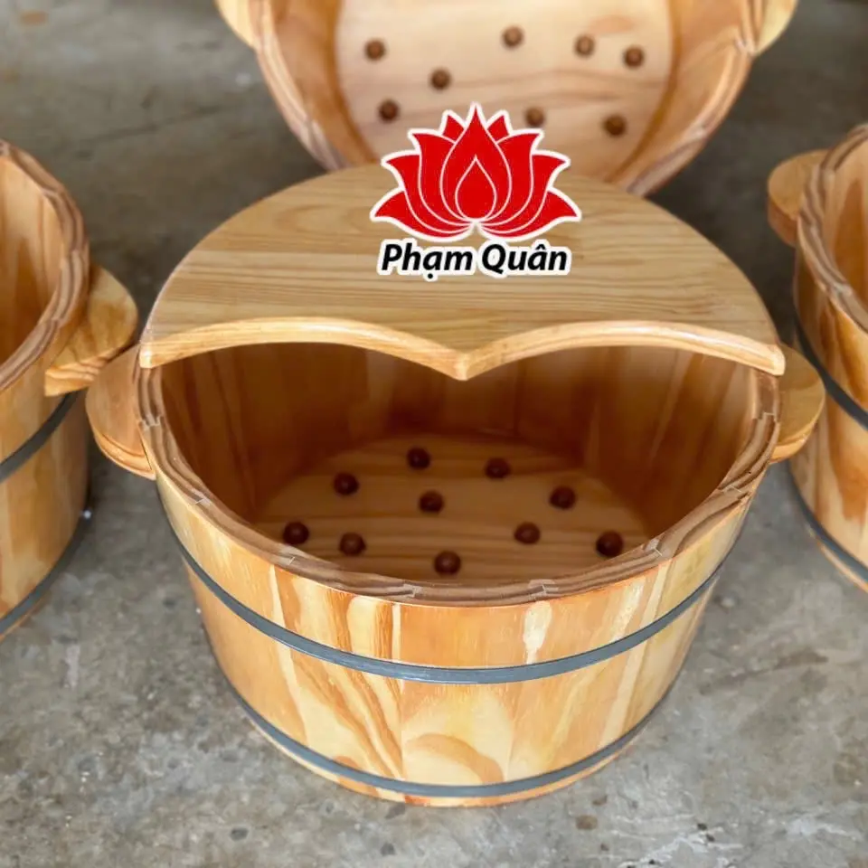 Chậu gỗ ngâm chân tặng kèm nắp nửa giữ nhiệt, chậu ngâm chân gỗ thông