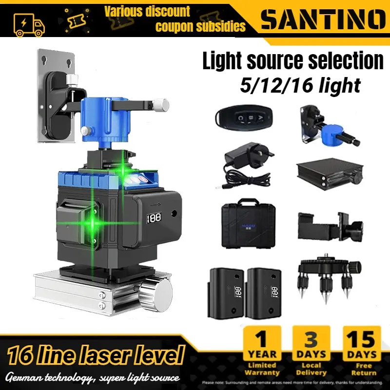 SANTINO 5/12/16 Line Laser Level Green Light Self-Leveling 360° Adjustable Rotary 3D 4D Leveling Measuring Tool