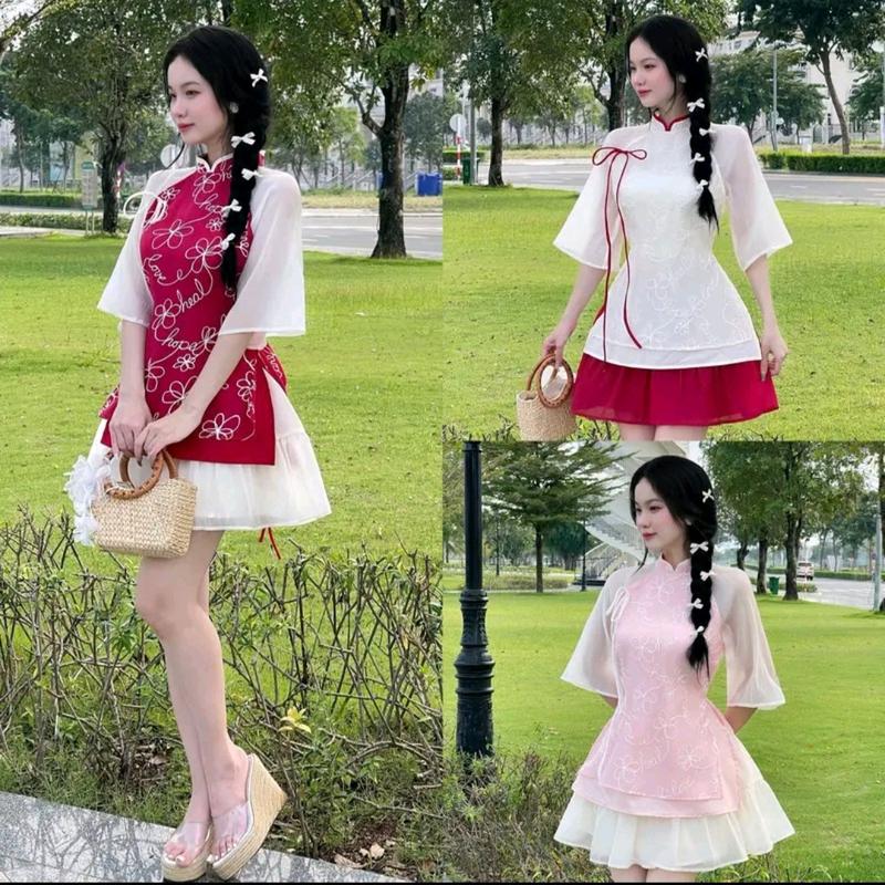 SÉT ÁO DÀI CÁCH TÂN THÊU HOA ĐÍNH NƠ KÈM CHÂN VÁY XÒE TRẺ TRUNG MẶC TẾT SIÊU XINH CÓ 3 MÀU,3 SIZE S,M, l Nữ Tre Top