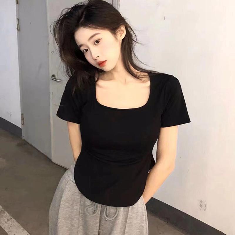  Ao phông cổ U cộc tay vạt bầu áo thun cá tính Áo phông tăm lạnh Nữ Top Women Kem 