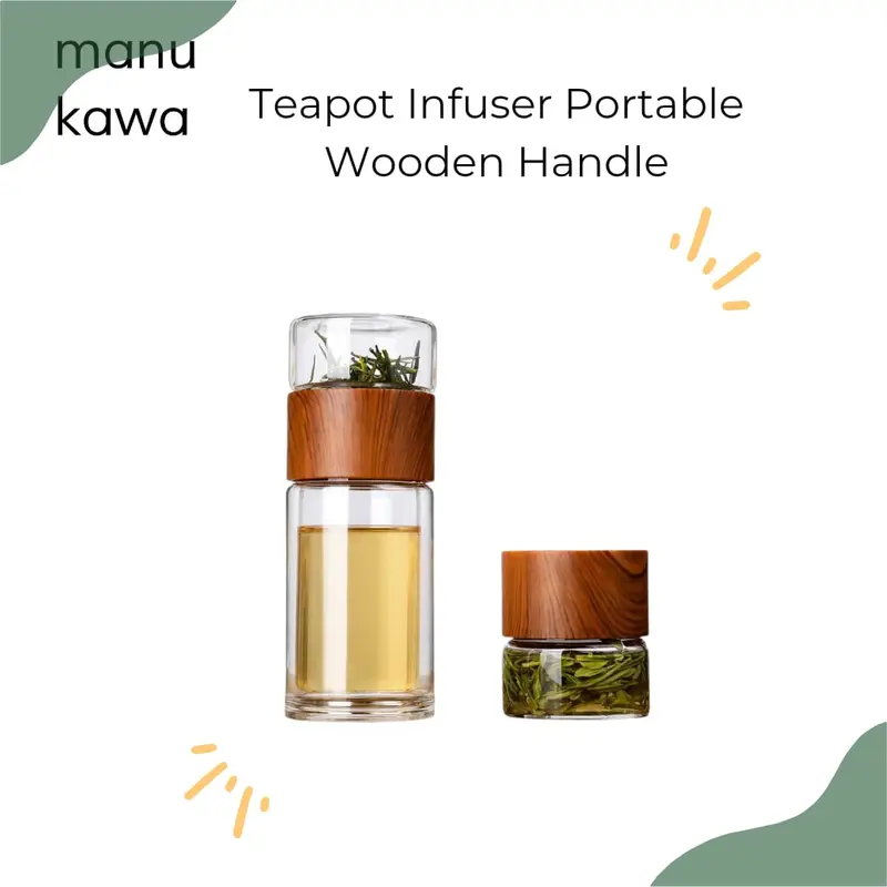 Botol Minum Penyaring Teh Double Wall / Tea Pot Travel Teapot Aesthetic / Teapot Infuser Wooden Handle 1