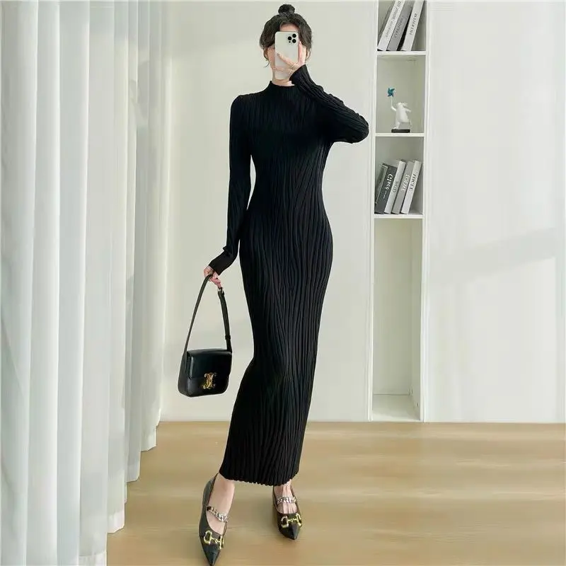 Áo Sơ Mi Lớp Nền Bó Sát Phong Cách Nhật Bản Và Hàn Quốc, Đơn Giản Và Thường Ngày, cổ lọ thấp, Thích Hợp Để Phối Bên Trong, Áo Len Dệt Kim, Váy Quá Gối, Năm 2024 Women Dress Khuy 6