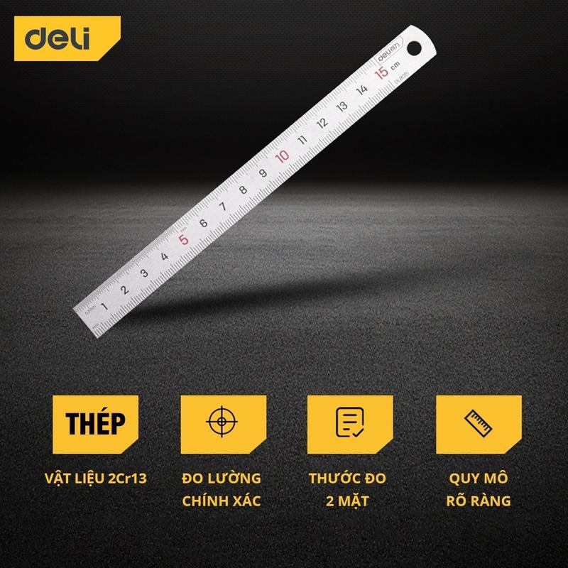 THƯỚC KẺ THÉP CAO CẤP DELI DL8015 - KÍCH THƯỚC 15 20 30 CM CHẤT LIỆU CHỐNG MÒN GỈ