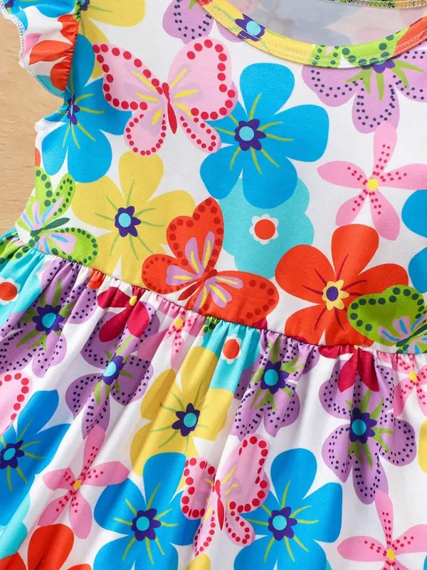 Girl's Floral Print Dress, Casual Round Neck Dress for Summer, Kids Clothes for Daily Wear 4