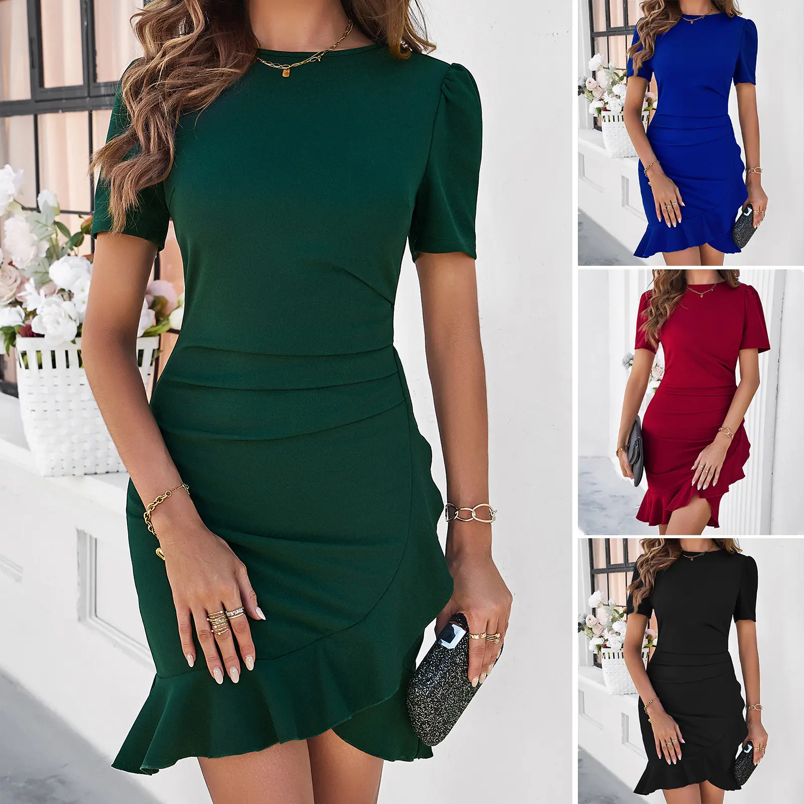 Women's Clothing 2025 Spring Elegant Solid Color Slim Fit Hip Short Sleeve Dress Formal Womenswear