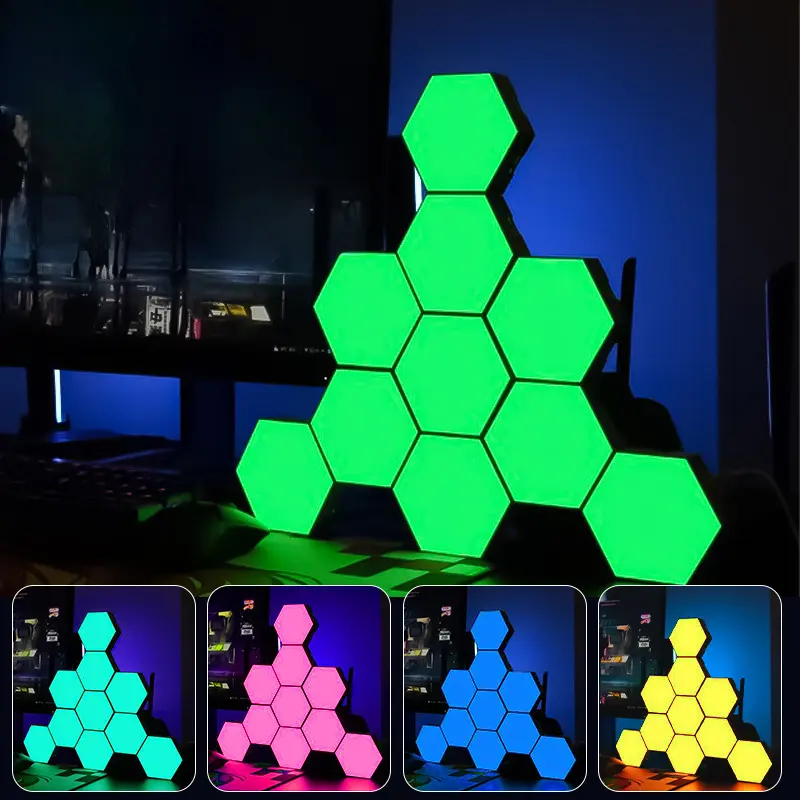 Combo 6 thanh Đèn Led lục giác RGB gắn tường nháy theo nhạc có app điều khiển wifi trang trí phòng làm việc phòng game setup 6