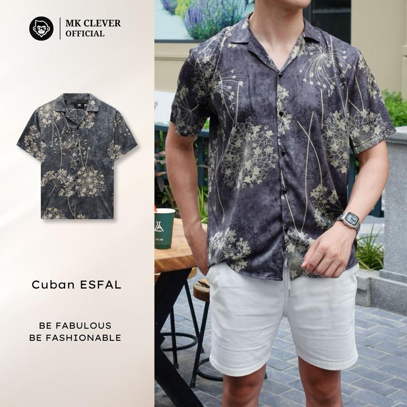 Áo Sơ Mi Cuban Esfal MK CLEVER, Áo Sơ Mi Thiết Kế Cổ Cuban, Họa Tiết Sắc Màu, Chất Liệu Vải Lụa Satin Mịn Siêu Đẹp, Form Dáng Trẻ Trung Nam Menswear