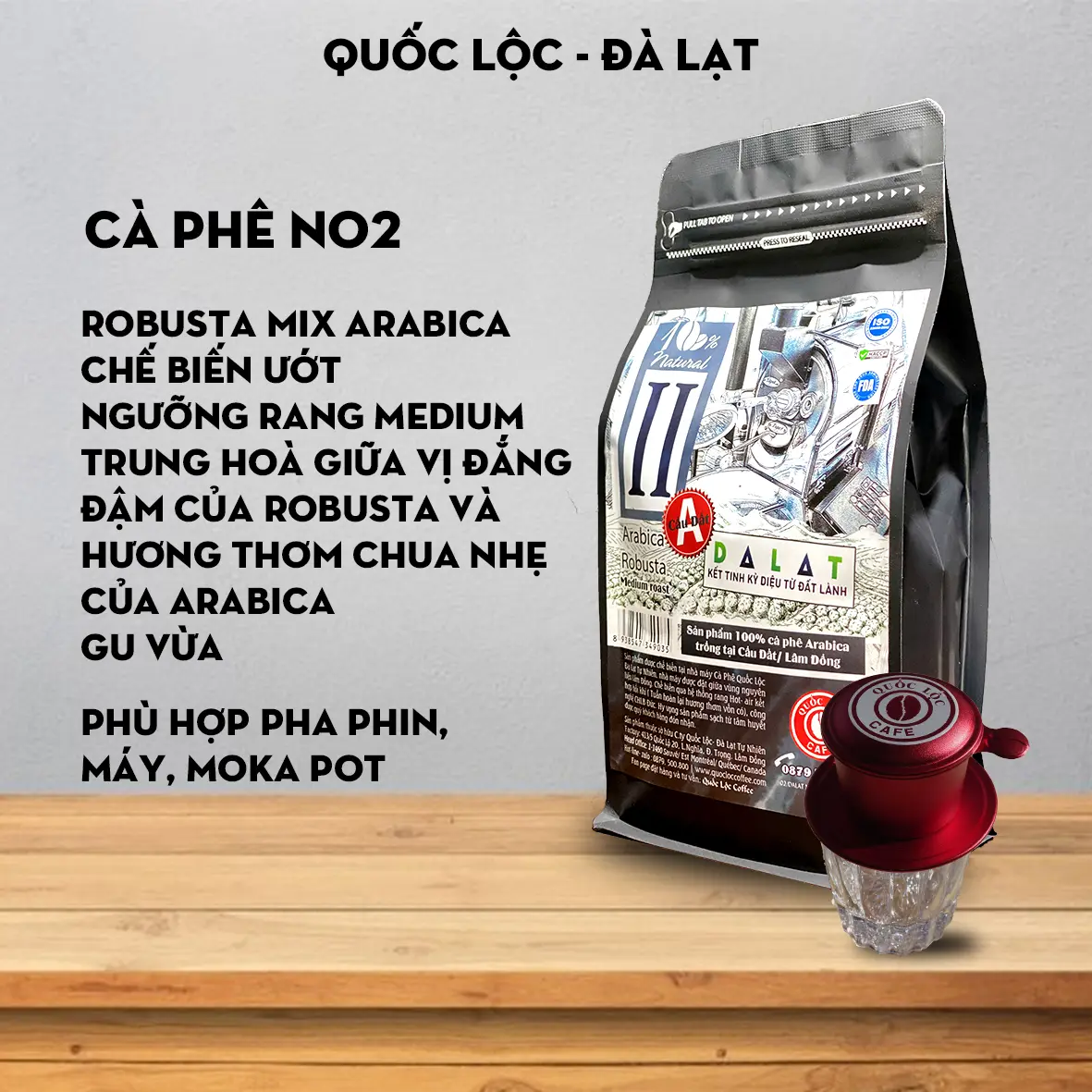 Cà phê rang mộc Robusta mix Arabica Cầu Đất NO2 gu vừa - Cafe, Coffee