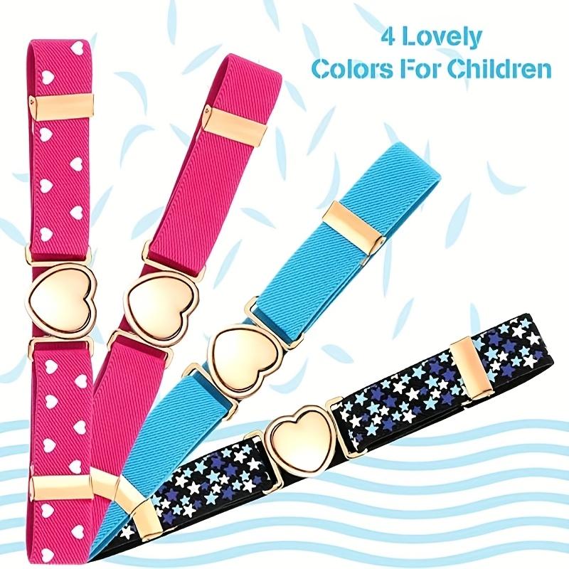 4pcs Girls' Elastic Stretch Belts with Heart Buckle - Casual, Comfortable Waistbands in Blue, Black, and Pink Patterns for Casual Attire 2