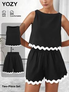 Two-piece Set YOZY Women's Colorblock Tank Top & Shorts, Casual Fashion Cozy Breathable Set for Daily Outdoor Wear, Ladies Clothes for All Seasons