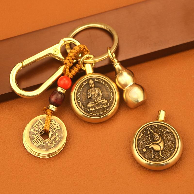 Móc Khóa Đồng Thau 3 Món Dây Vàng Hồ lô rỗng Bát Xoay 2 Mặt 8 Vị Phật Bản Mệnh 12 Con Giáp E-05 Móc Chìa Khoá