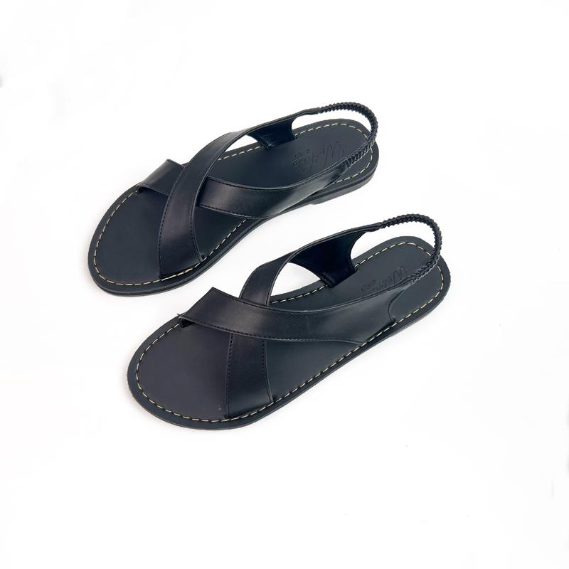 Giày sandal nữ quai chéo full đen hậu thun đế bệt sandal nữ đi học đi biển đi làm big size 34-42 W034