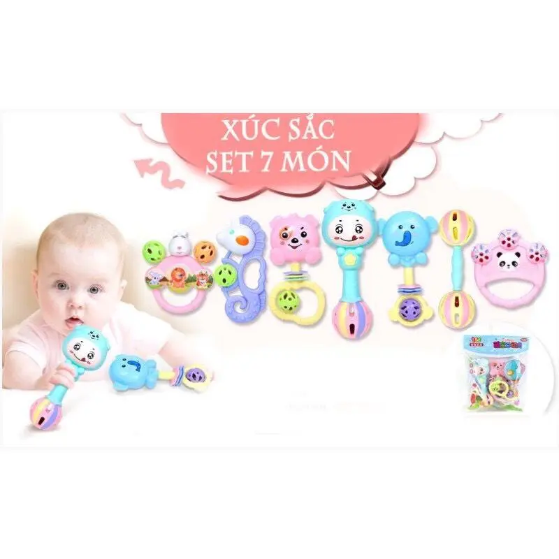 [ Kèm 1 Vòng Dâu Tằm ] Bộ Đồ Chơi Xúc Xắc 7 Món - Đồ Chơi Lục Lạc Nhựa An Toàn Cho BÉ.Thích Hợp Cho Bé Tập Cầm Nắm 2