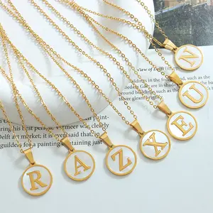 ELIZA - Necklace Kalung Alloy Emas Simple Aesthetic Lucu Adjustable Aksen Liontin Mini Bulat putih Huruf Nama Inisial Abjad Alfabet Perhiasan Aksesoris fashion Wanita Korean Style [F4,3] Anak Dewasa Gold Perempuan Retro
