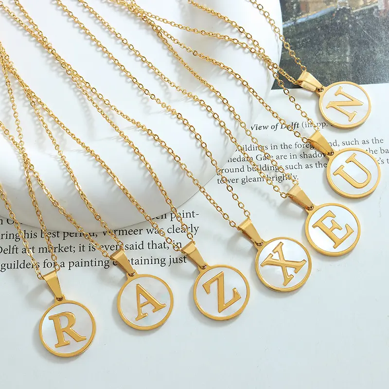 ELIZA - Necklace Kalung Alloy Emas Simple Aesthetic Lucu Adjustable Aksen Liontin Mini Bulat putih Huruf Nama Inisial Abjad Alfabet Perhiasan Aksesoris fashion Wanita Korean Style [F4,3] Anak Dewasa Gold Perempuan Retro