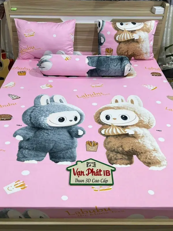 VỎ ÔM KHÓA KÉO - BỘ GA GỐI 4 MÓN - CHẤT THUN 3D HÀN QUỐC- MẪU LABUBU SIÊU HOT 7