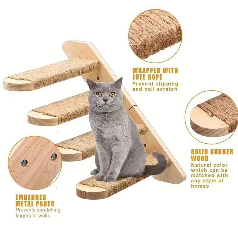Product Introduction of Creative Solid Wood Cat Climbing Shelf Steps Wall Mounted Space Saving Cat Steps Ladder Reversible with Sisal Rope Wooden Stairway Shelves Kitten Playing 11