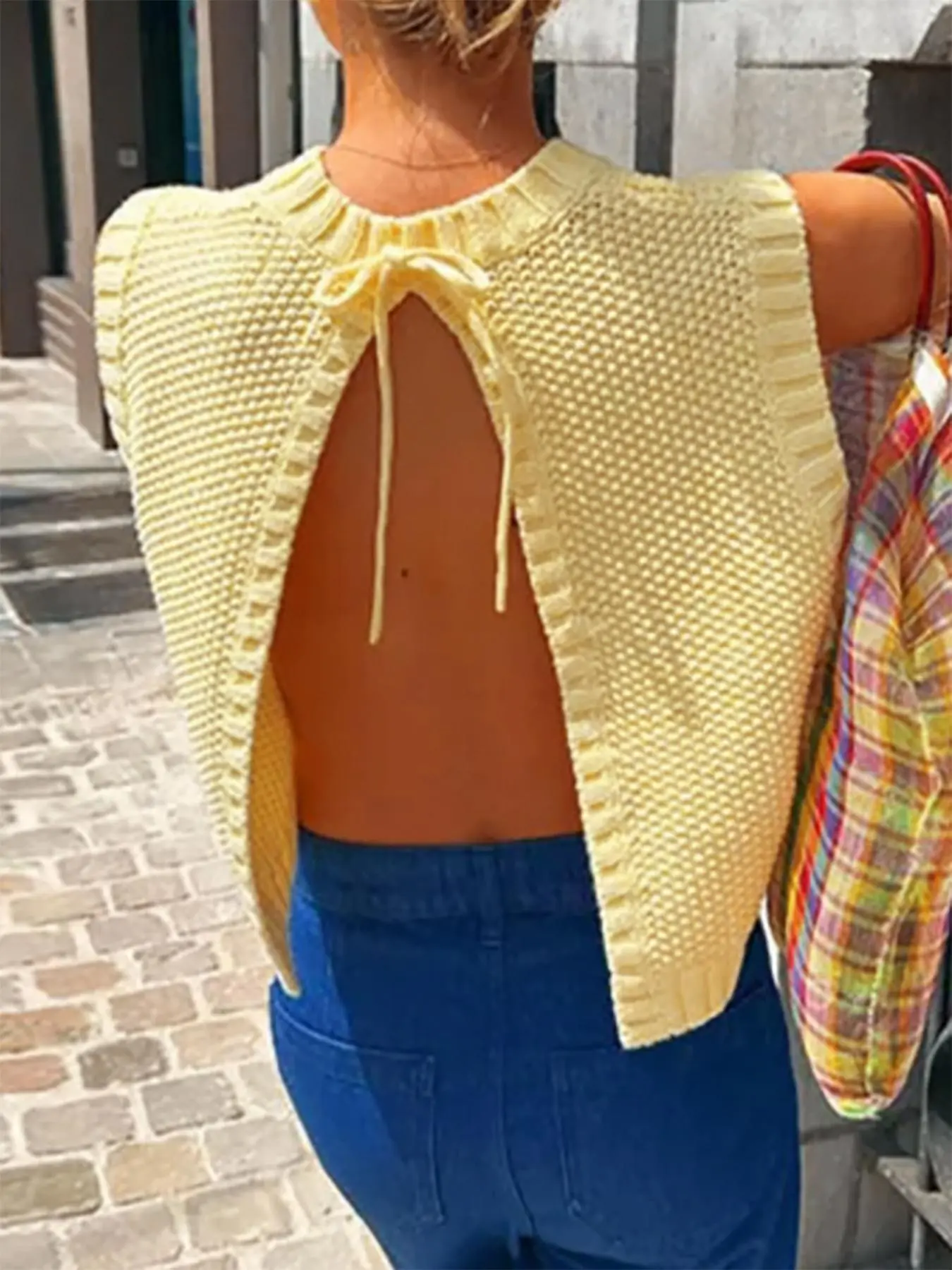 Women's Solid Split Tie Back Sweater Vest, Casual Round Neck Sleeveless Knit Top for Spring & Fall, Crochet Tops, Fashion Women's Knitwear for Daily Wear, Go Out Tops