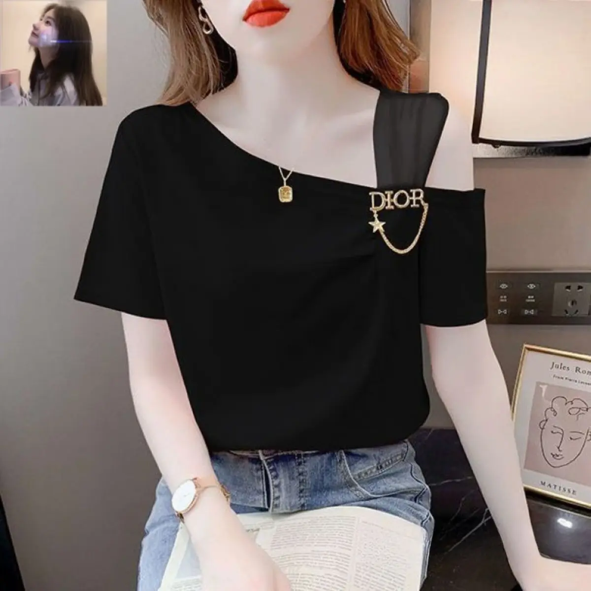 Fat Girl Short Sleeve in Stock plus Size Fat mm 150.00kg Design Mesh Stitching One-Shoulder Cold-Shoulder Short Sleeve T-Shirt Women's Loose Slim Western Style Top