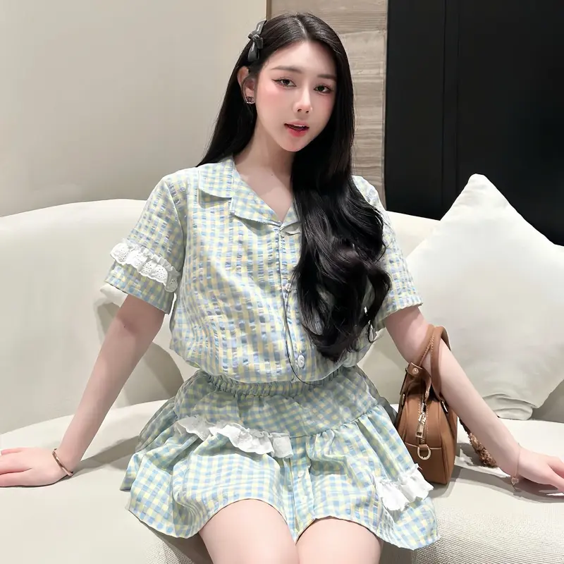 Set váy babydoll đũi caro phối ren trắng kèm chân váy bèo tiểu thư  - Set bộ đồ nữ  kẻ caro mix chân váy 8