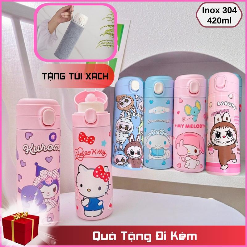 Bình nước giữ nhiệt cho bé 420ML INOX 304 bình giữ nhiệt trẻ em đi học đi chơi tặng kèm túi xách BBG0733