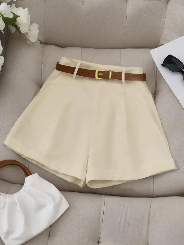 Women's Solid Color Belted A Line Shorts, Casual Fashion Fitted Shorts for Daily Wear, Ladies Bottoms for Summer, Womenswear, Chic Casual Shorts 4