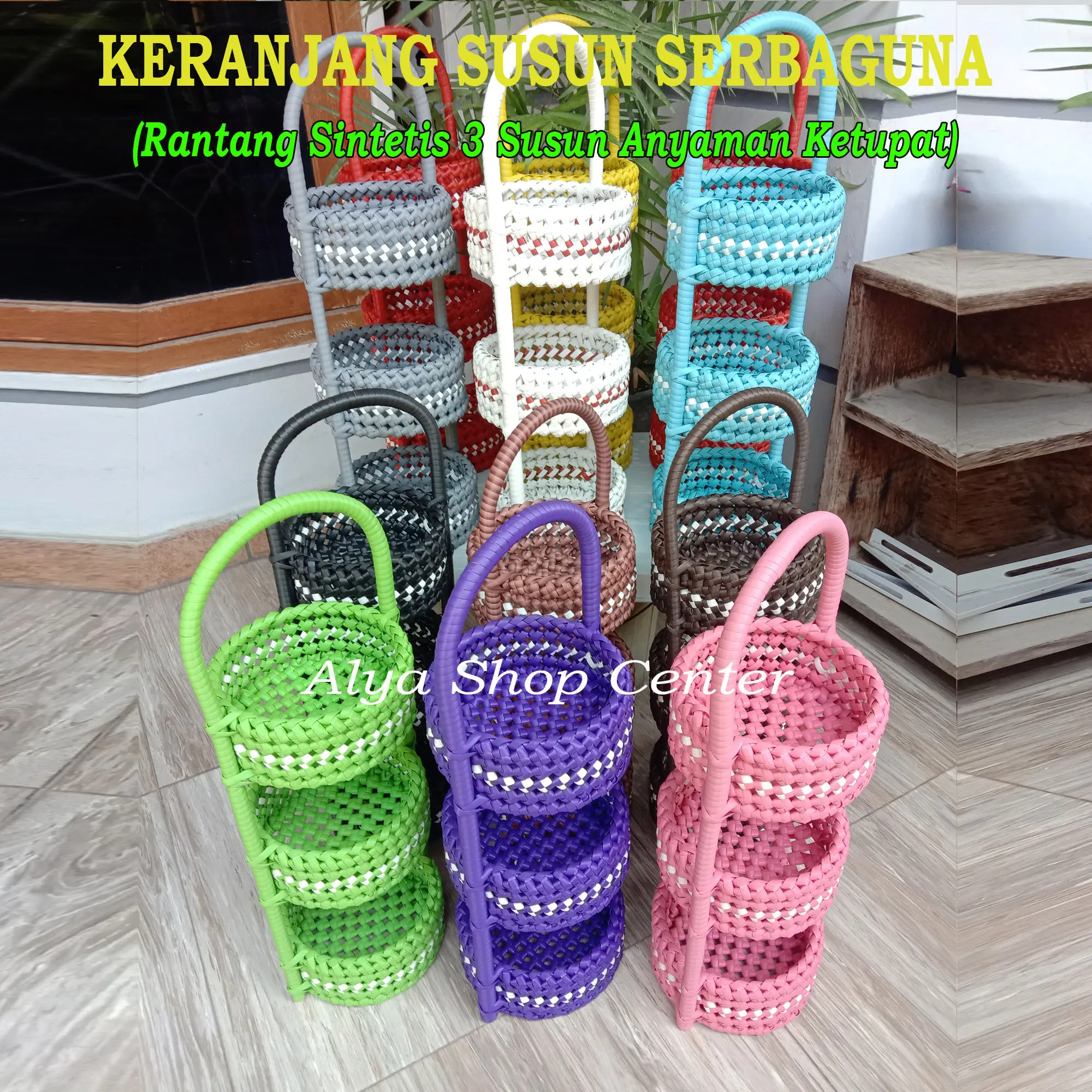 [3 SUSUN] Tempat Bumbu Rantang Rotan Sintetis 3 Susun Keranjang Bumbu Unik Tempat Penyimpanan Bumbu Serbaguna  Keranjang Bawang Tempat Buah Rak Bumbu Dapur Unik 3in1 Biru Hijau Kuning Merah Pink Putih