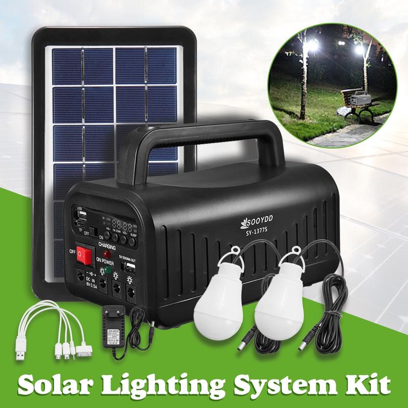 Solar Panel Power System Kit Charging Generator LED 2 Light Bulb Outdoor Camping Fishing Phone Charger Powerbank Home