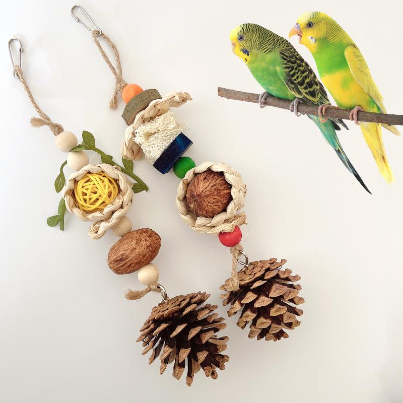 Product Introduction of Small and Medium Parrot Toys Chewing Boredom Play Corn Braid Pine Cone Rattan Ball Bite String Bird Grinding Beak String Pet Toys Hanging Ornaments 0