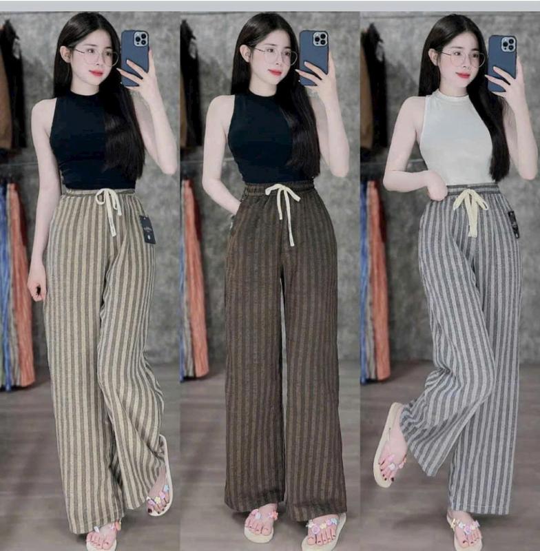 Quần suông dạ kẻ hack dáng xinh cạp chun eo cao chất vải mềm mịn thoải mái Nữ Women Pants Nhung Ong