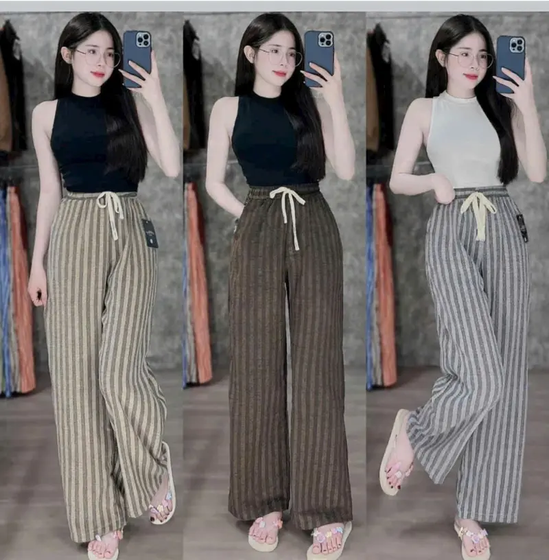 Quần suông dạ kẻ hack dáng xinh cạp chun eo cao chất vải mềm mịn thoải mái Nữ Women Pants Nhung Ong