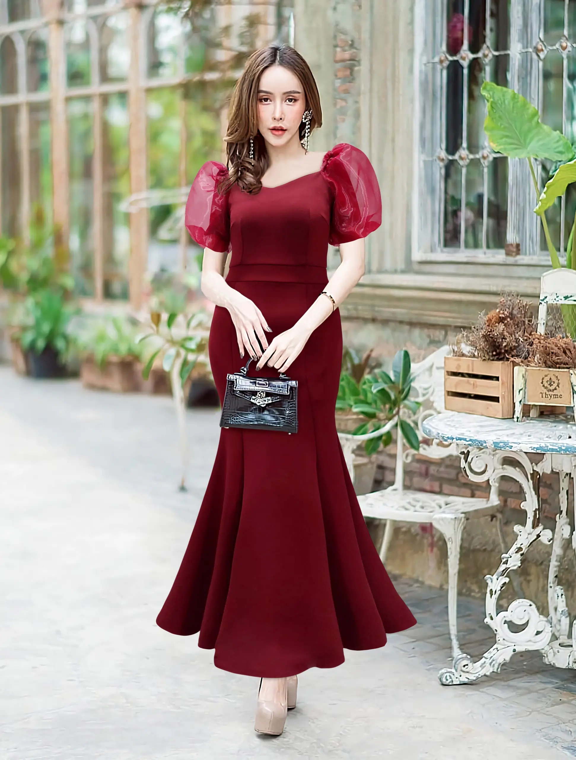 Joanne Fashion - Dress Pesta Kondangan Wanita Panjang Mewah Elegan Formal Lengan Puff Rok Duyung Mermaid Bahan Scuba Premium Terbaru (2703)