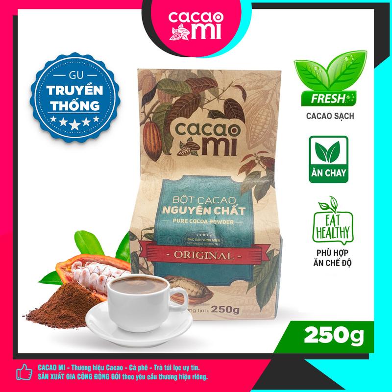 Bột cacao nguyên chất không đường CacaoMi Original vị truyền thống tự nhiên chuyên pha chế đồ uống sô-cô-la, cho quán Cafe, làm bánh, phù hợp ăn chay 250g cacaomi