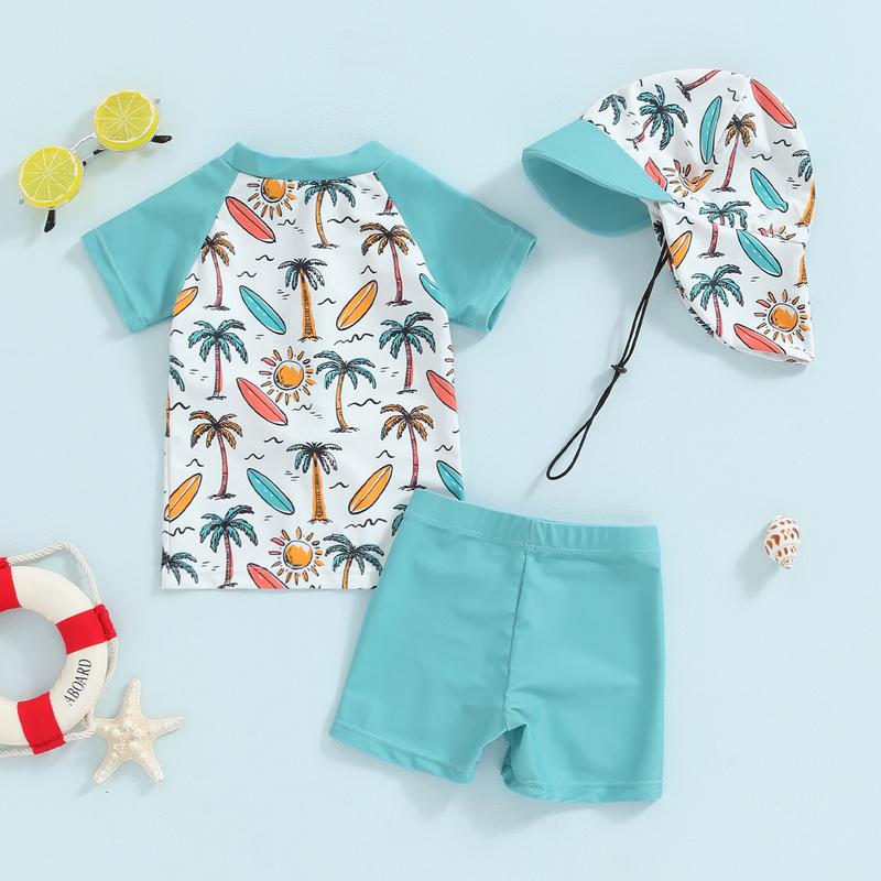 Product Introduction of Boys Rash Guard Set 3 Piece Swimsuit Suit Palm Tree/Dinosaur Print Short Sleeve Tops Swim Trunks Swim Cap Bathing Suit 36