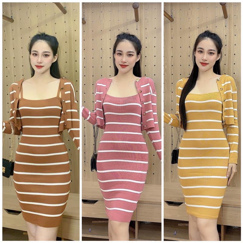 {S006} Set Váy Body, Áo len sọc áo khoác tay dài phối đầm body 2 dây Nữ Women Nhung Dress Sen Sò Sọc Kẻ