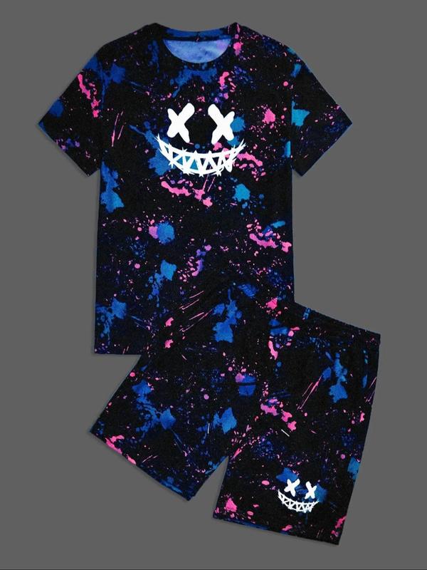 2 Counts Men's All Over Spalsh Ink Print Tee & Elastic Waist Shorts Set, Cartoon Face Print Round Neck T-shirt & Sweat Shorts, Casual Fashion Cozy Breathable Men Two-piece Outfits for Summer Daily Workout 0