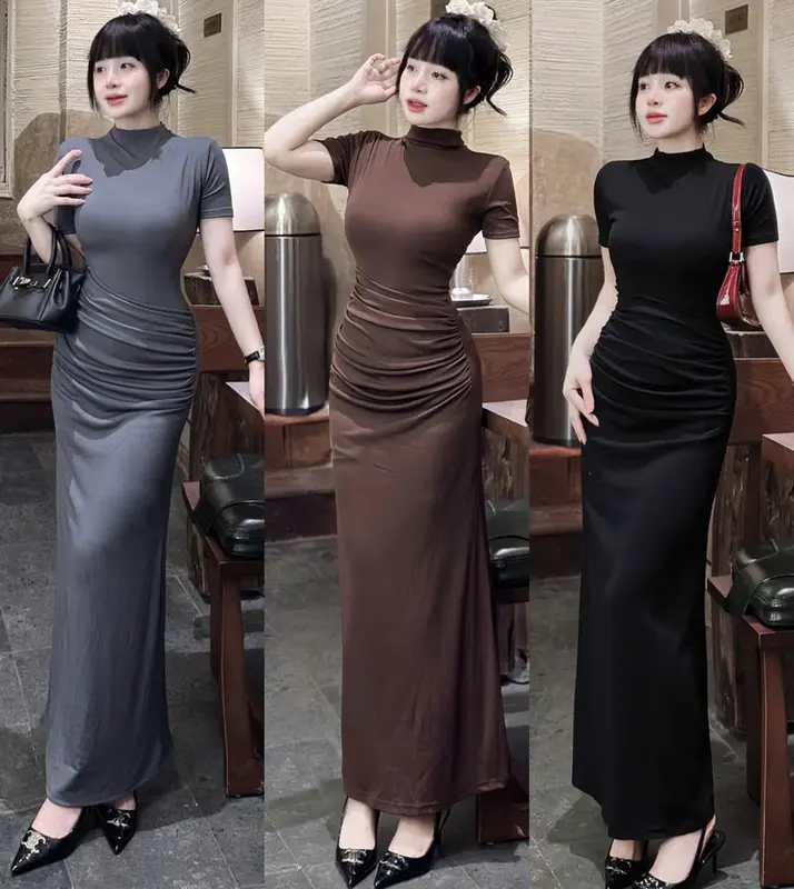 Đầm Body Cổ Cao Tay Ngắn Giấu Bụng dáng dài tôn dáng 0