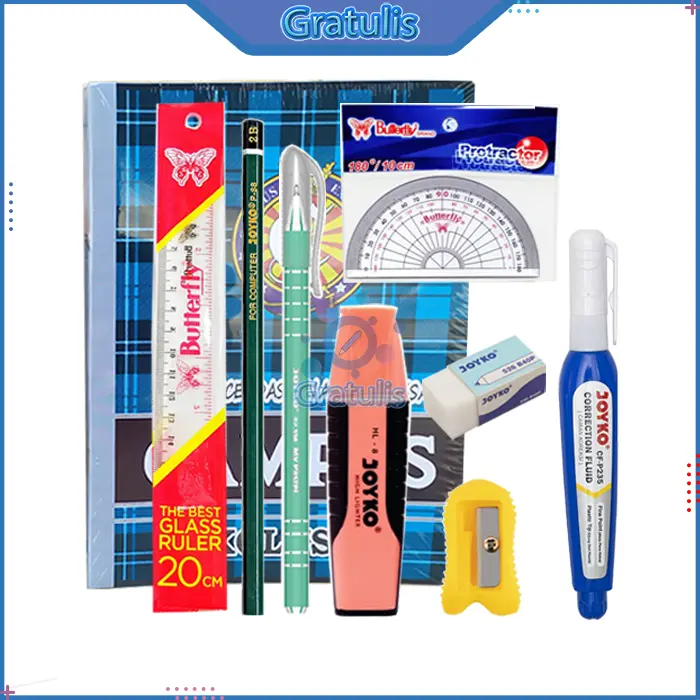 1 SET PERLENGKAPAN ALAT TULIS SEKOLAH [SMP/SMA/KULIAH] / PAKET ALAT TULIS SEKOLAH / PERLENGKAPAN ALAT TULIS BUKU CAMPUS 50 LEMBAR  /  BUKU TULIS KAMPUS 36 PENGGARIS BUTTERFLY RAUTAN PENSIL 2B PULPEN JEL PENGHAPUS BESAR TIPE X JOYKO 6