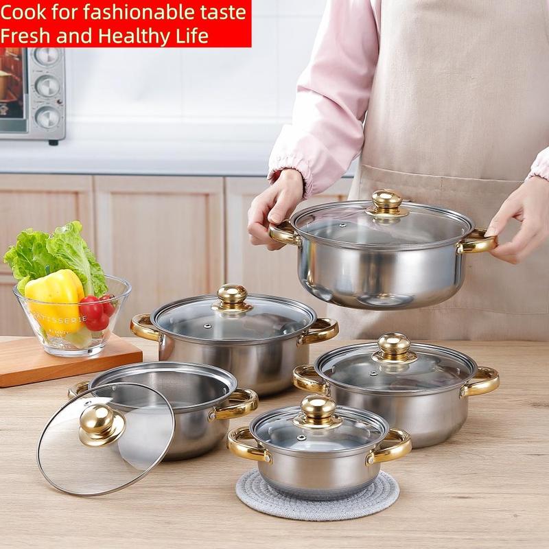 Product Introduction of Stainless Steel Cookware Set, 5 Counts/set Multipurpose Soup Pot with Glass Lid, Durable Cookware Set for All Stoves 3