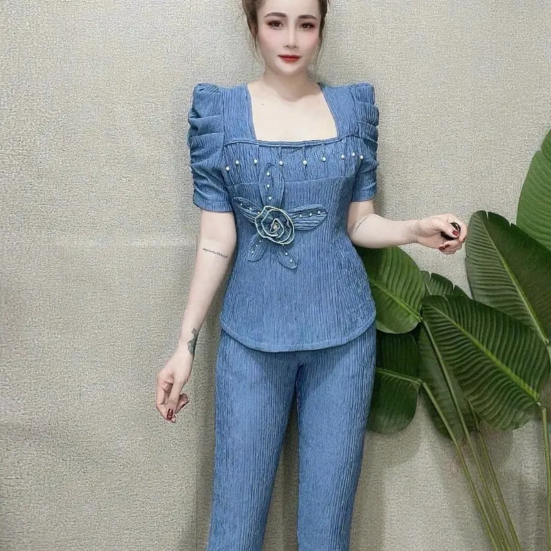 Đồ bộ quần dài tay ngắn cổ vuông trước áo có đính hạt kết hoa size từ 40-60kg chất vải xốp nhật Top 4