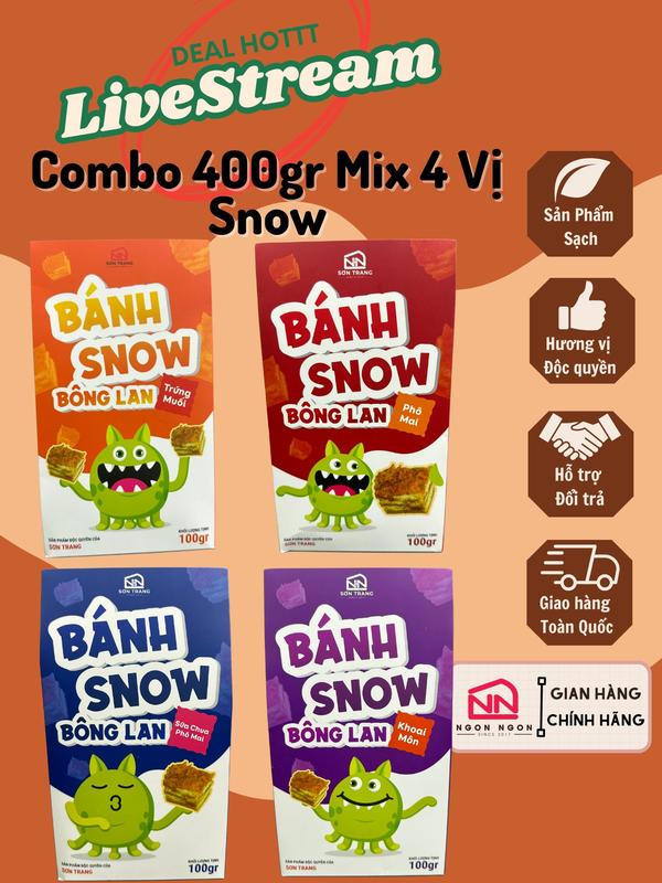 DEAL HOT LIVESTREAM [COMBO 400GR MIX 4 VỊ SNOW] 100gr Snow Sữa Chua Phô Mai (8-9 bánh) + 100gr Snow Khoai Môn (8-9 bánh) + 100gr Snow Trứng Muối (8-9 bánh) + 100gr Snow Phô Mai Chà Bông (8-9 bánh), Đồ Ăn Vặt SNACK Food Thức Ăn Nuts Candy Cake (B34)