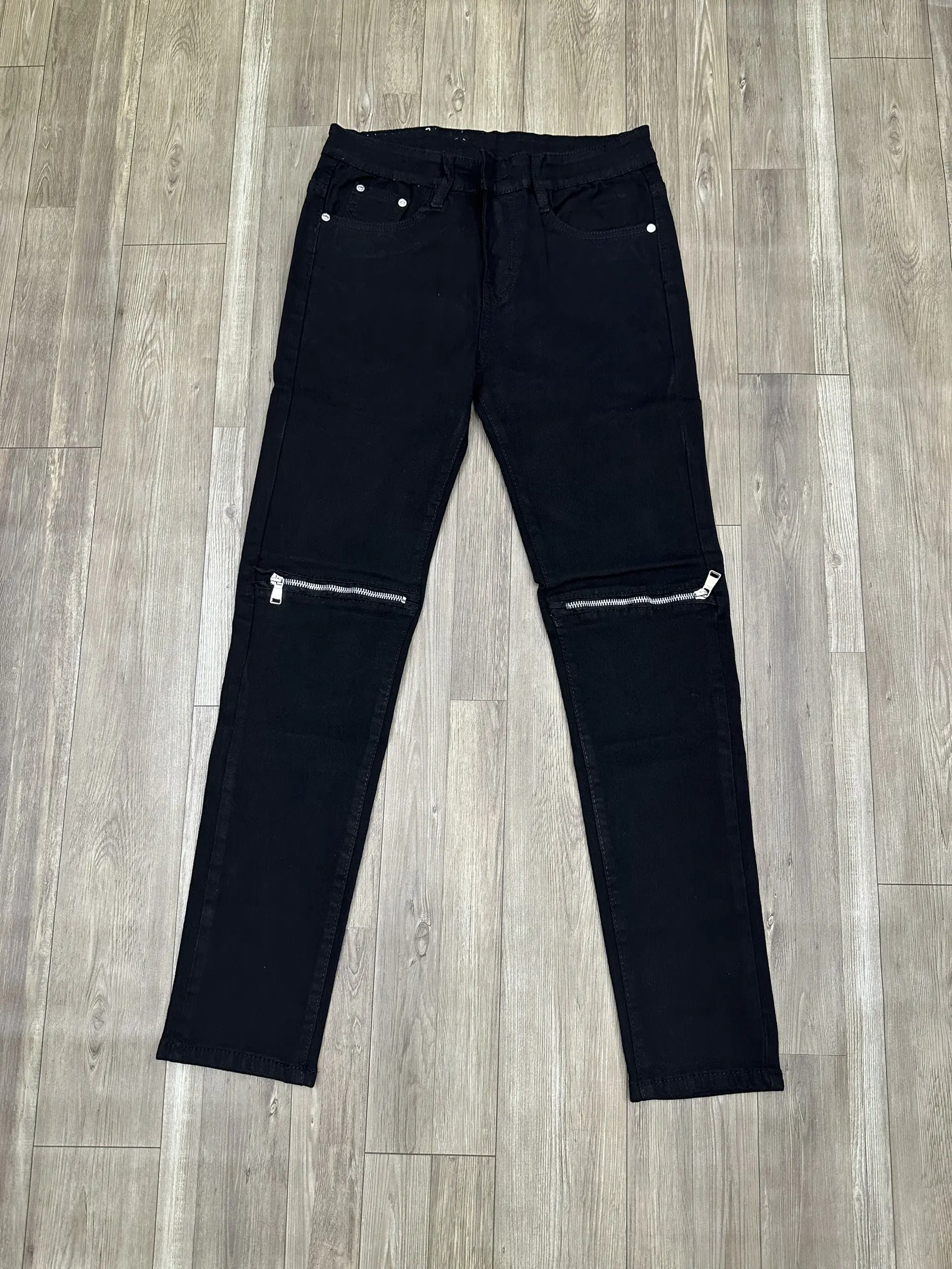 Quần Jean Nam Dài Chất Vải Mềm Co Dãn Màu Đen Trơn Khóa Kéo Hai Bên Gối Thời Trang Menswear Pants