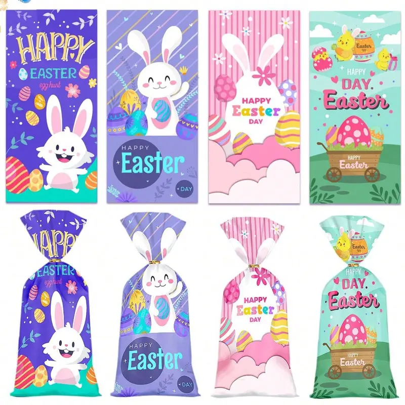 Easter Themed Candy Bag, 50pcs/set Cute Rabbit Egg Pattern Gift Bag with Twist Tie, Gift Wrapping Supplies for Party Festival Birthday 0