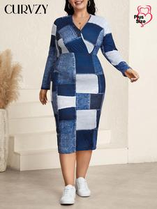 CURVZY Plus Size Denim-Effect Print V Neck Dress, Casual Long Sleeve Dress for Spring & Fall, Women's Clothes for Daily Wear, Plus Size Dresses