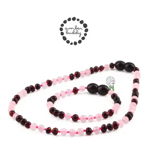Amber Buddy | LE556 Kalung & Gelang Bayi Baltic Amber kombinasi Rose Quartz. 32cm & 14cm