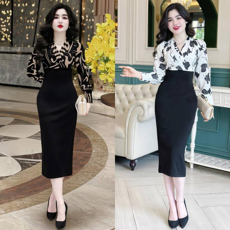   MIỄN SHIP  BST MDU3752 Váy Lụa Phối Xleo 2 Lớp - Thiết Kế Ôm Body Họa Tiết Bắt Mắt Sang Trọng Dành Cho Nữ Women Dress Đen 