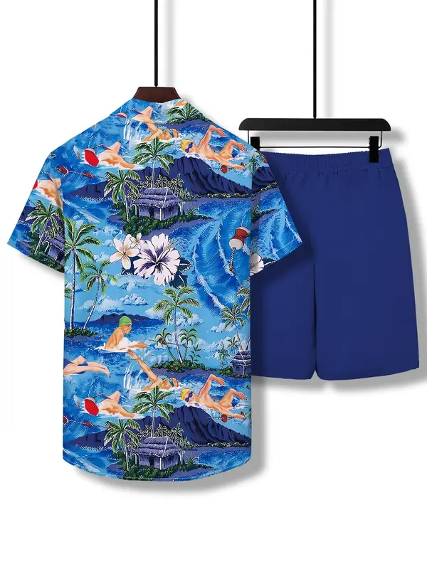 Two-piece Set Men's Regular Fit Tropical Print Shirt & Shorts, Casual Short Sleeve Button Up Top & Shorts for Summer, Men's Clothes for Beach Vacation, Menswear 1