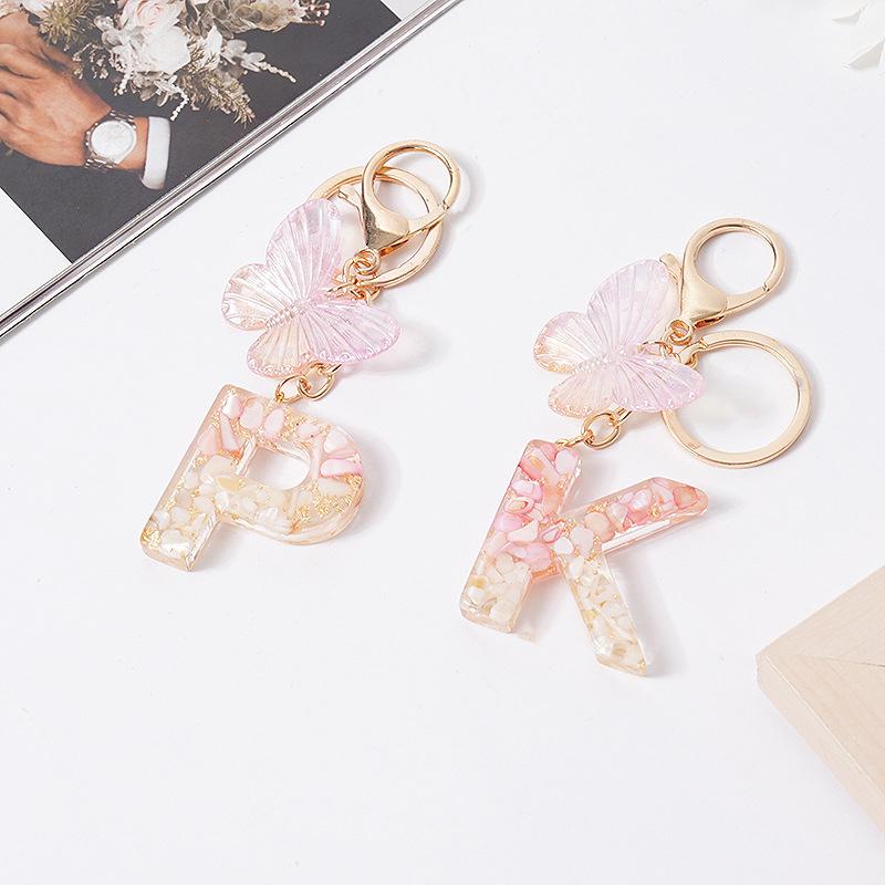 Product Introduction of [QQQ]Pink Dream Butterfly 26 Letters A To Z Resin Keychain 26 Initials White Stone  Leaf Pendant Keyring Backpack Charm Bag Decor 19