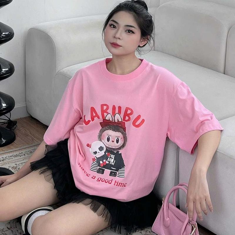 Áo thun Junos in hình LABUBU Chestnut Cocoa cotton nữ siêu cute kiểu unisex form oversize cổ tròn top Women. 7