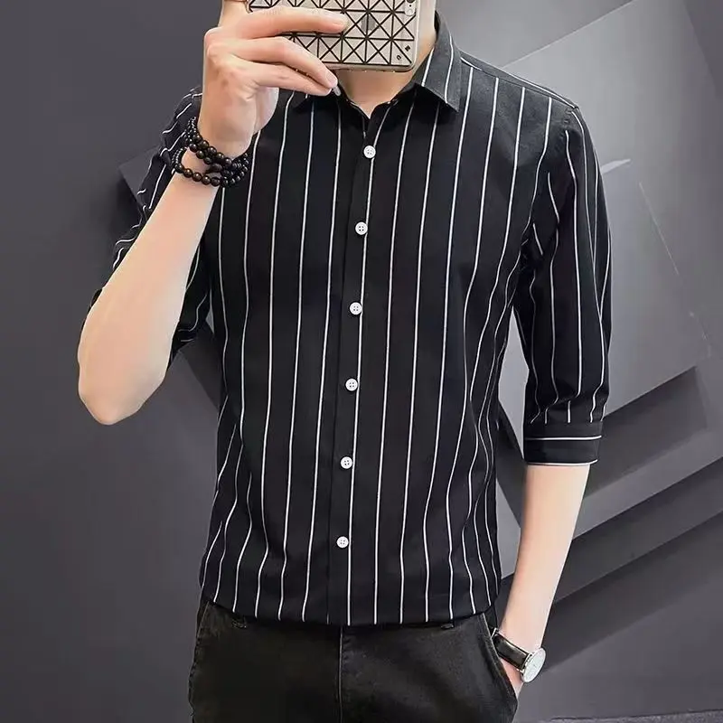 Áo Sơ Mi Mùa Hè, Ngắn Tay Nam, Phong Cách Hàn Quốc, Ôm Sát, Sơ Mi Sọc, Tay Lỡ, Thời Trang, Đẹp Trai, Dễ Phối Đồ, Áo Sơ Mi Tay Lỡ Ba Phần Tư Thường Ngày 1